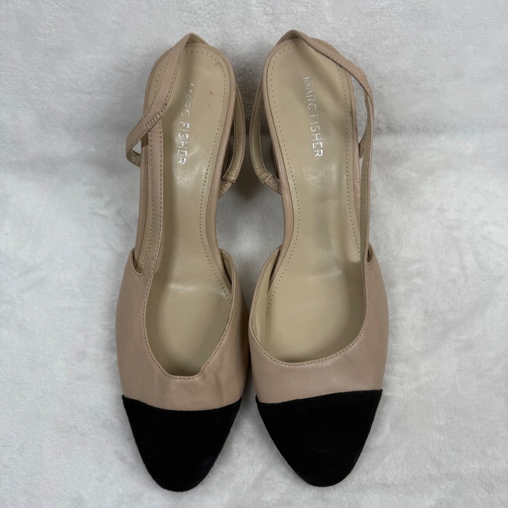 Marc Fisher Beige Leather Black Suede Cap Toe Slingback Block Heel Pumps 9.5 - Picture 7 of 14